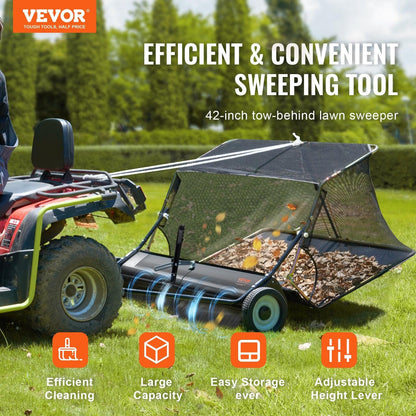 106.6 cm Lawn Sweeper Tow Behind, 12 cu.ft. Large Pull Behind Grass Sweeper, Heavy Duty Leaf & Grass Collector with Dumping Rope Design, Adjustable Sweeping Height for Picking Up Debris & Grass.