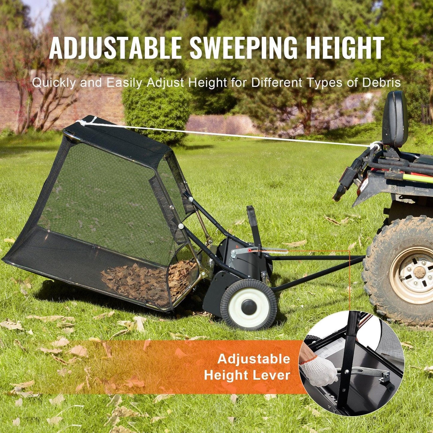 106.6 cm Lawn Sweeper Tow Behind, 12 cu.ft. Large Pull Behind Grass Sweeper, Heavy Duty Leaf & Grass Collector with Dumping Rope Design, Adjustable Sweeping Height for Picking Up Debris & Grass.