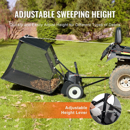 106.6 cm Lawn Sweeper Tow Behind, 12 cu.ft. Large Pull Behind Grass Sweeper, Heavy Duty Leaf & Grass Collector with Dumping Rope Design, Adjustable Sweeping Height for Picking Up Debris & Grass.