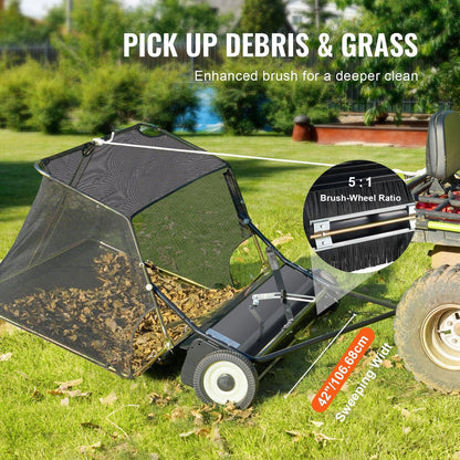 106.6 cm Lawn Sweeper Tow Behind, 12 cu.ft. Large Pull Behind Grass Sweeper, Heavy Duty Leaf & Grass Collector with Dumping Rope Design, Adjustable Sweeping Height for Picking Up Debris & Grass.