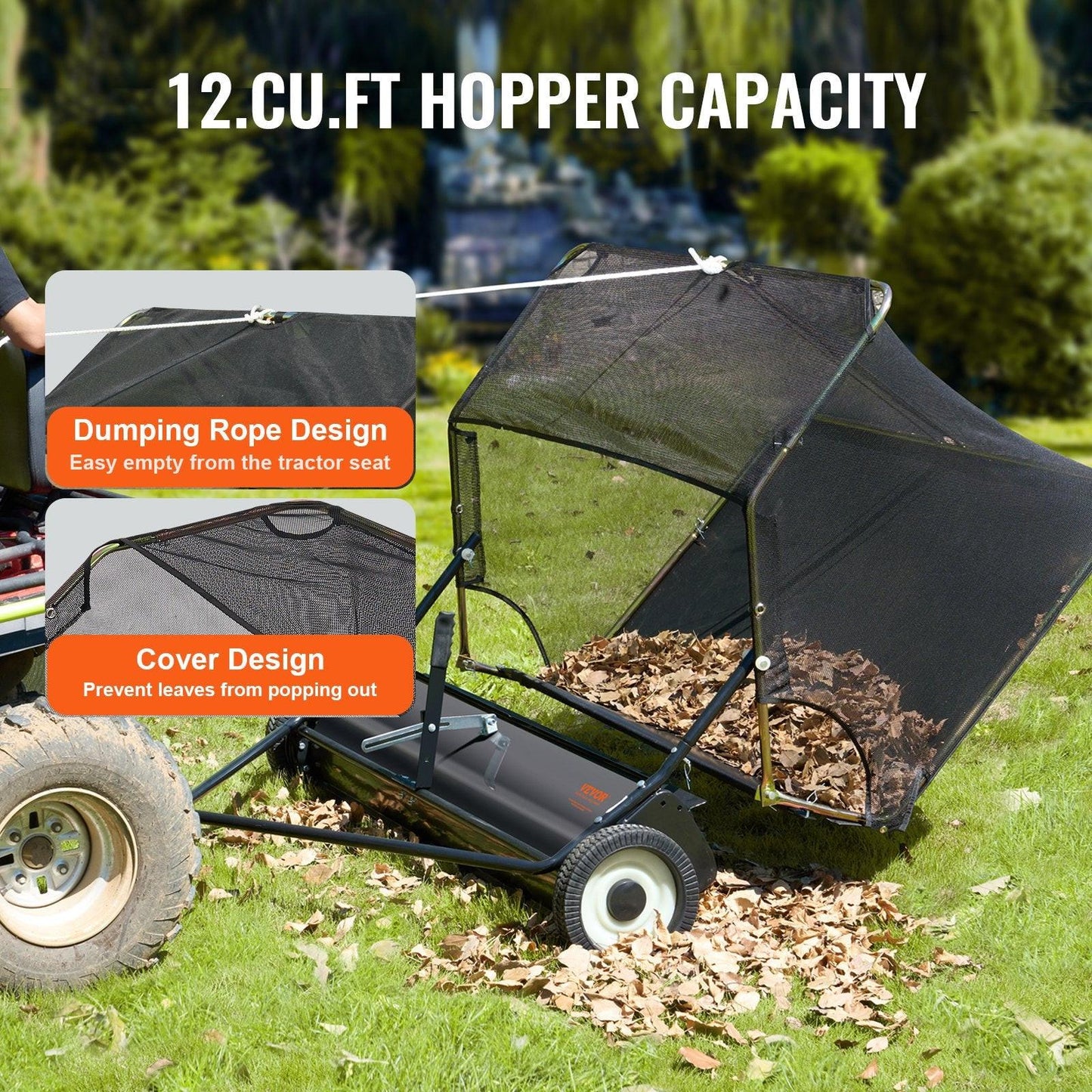 106.6 cm Lawn Sweeper Tow Behind, 12 cu.ft. Large Pull Behind Grass Sweeper, Heavy Duty Leaf & Grass Collector with Dumping Rope Design, Adjustable Sweeping Height for Picking Up Debris & Grass.
