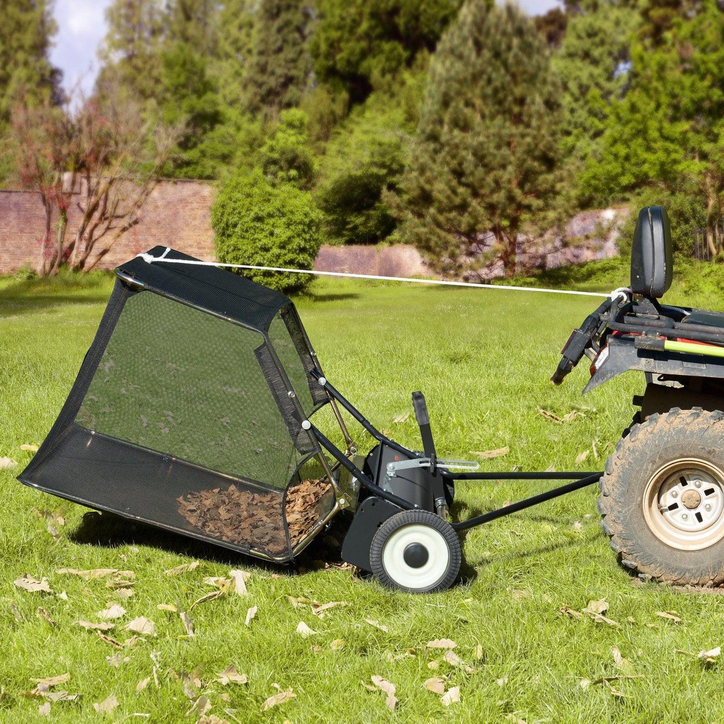 106.6 cm Lawn Sweeper Tow Behind, 12 cu.ft. Large Pull Behind Grass Sweeper, Heavy Duty Leaf & Grass Collector with Dumping Rope Design, Adjustable Sweeping Height for Picking Up Debris & Grass.