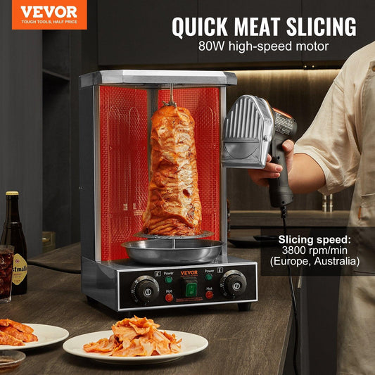 Electric Shawarma Knife, 80W Professional Turkish Kebab Knife, Commercial Stainless Steel Gyro Cutter, Doner Kebab Meat Slicer with 2 Blades, Î¦4"/100mm Blade Diameter, 0-8mm Adjustable Thickness.