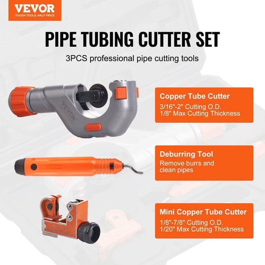 3PCS Tubing Cutter Set, 3/16"-2" O.D. Copper Pipe Cutter, 1/8"-7/8" O.D. Mini Tube Cutter and Deburring Tool, Heavy Duty Pipe Cutter Set for Copper, Aluminum, Stainless Steel, Plastic Pipes.