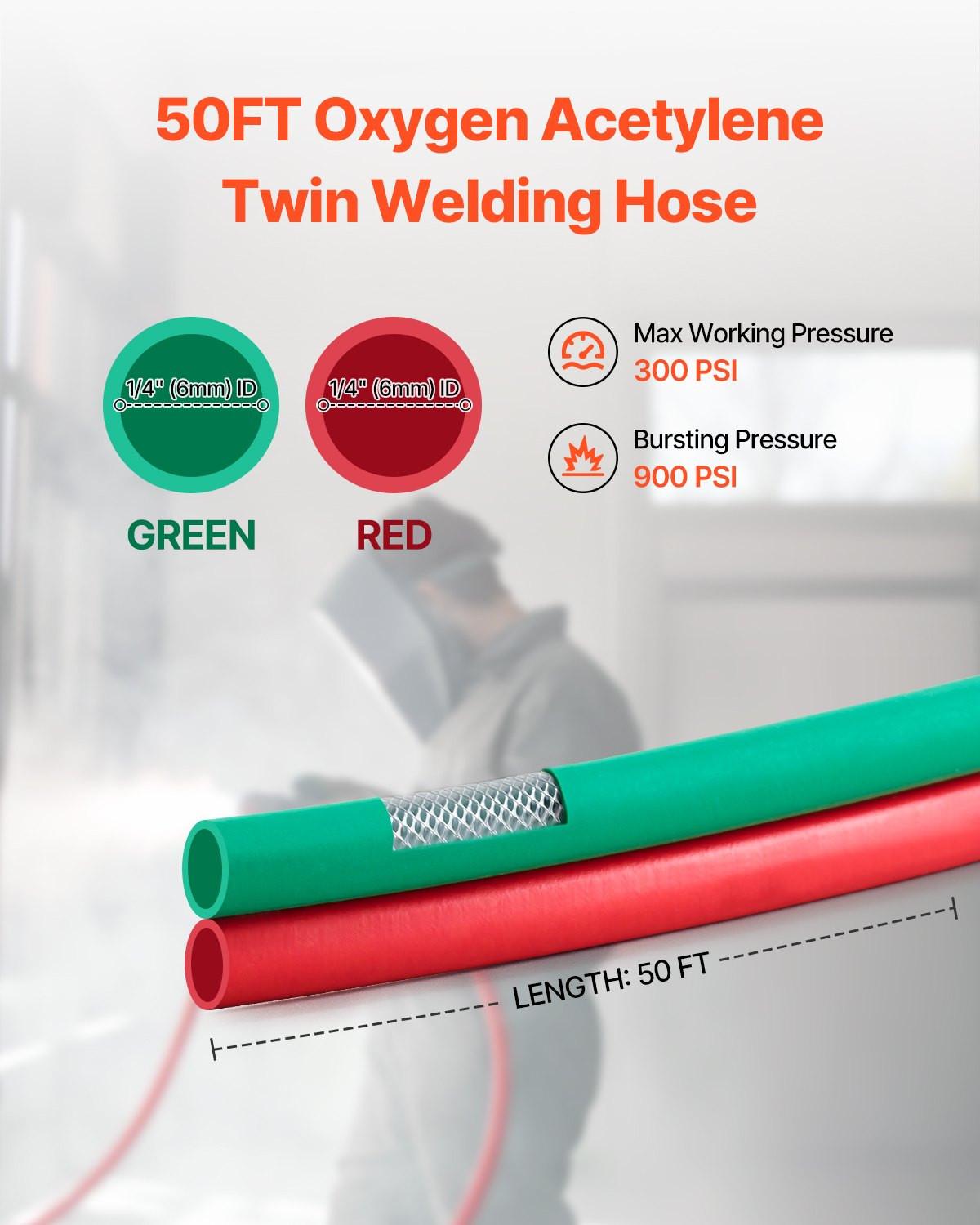 Oxygen Acetylene Hose 1/4-Inch x 50FT T Grade Hose 300PSI Max Working Pressure.