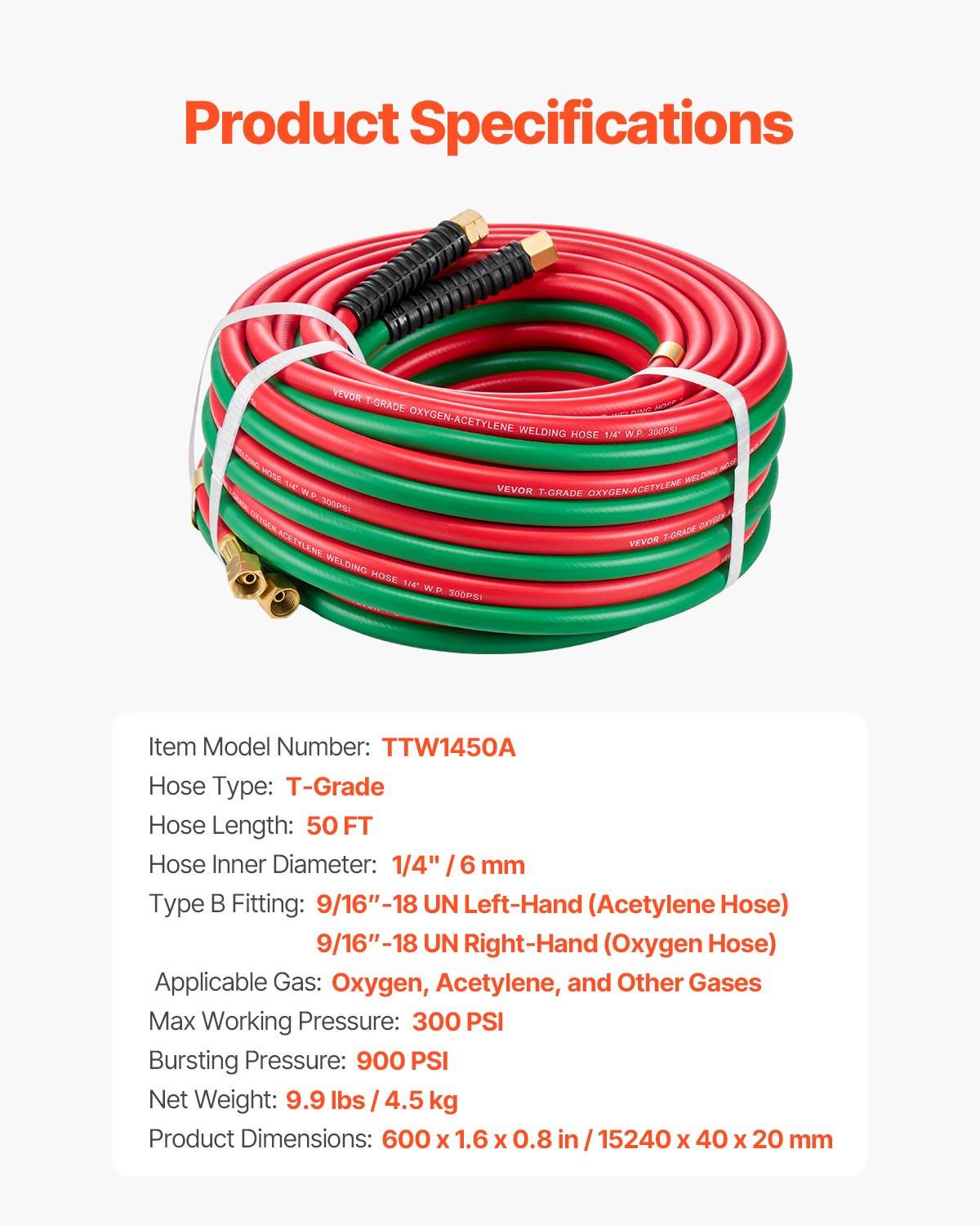 Oxygen Acetylene Hose 1/4-Inch x 50FT T Grade Hose 300PSI Max Working Pressure.