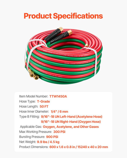 Oxygen Acetylene Hose 1/4-Inch x 50FT T Grade Hose 300PSI Max Working Pressure.