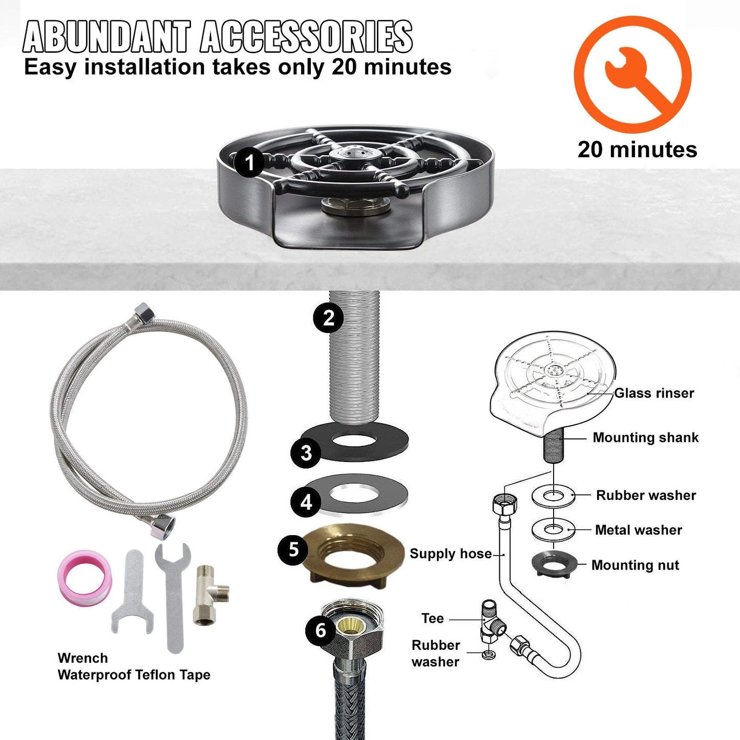 Glass Rinser 10-Hole Rotating Stainless Steel Washer ABS Cup Holder