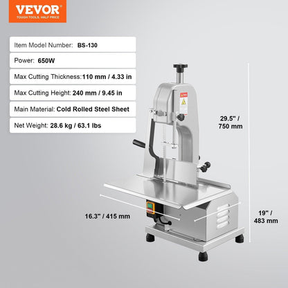 650W Commercial Electric Meat Bandsaw Stainless Steel Bone Sawing Machine.