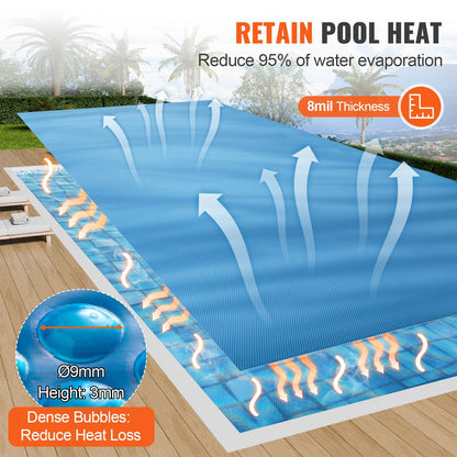 Solar Pool Cover, 24 x 12 ft Rectangle Solar Blanket for Pools, Inground Above Ground Swimming Pool Solar Cover, 8 mil Solar Covers Blue