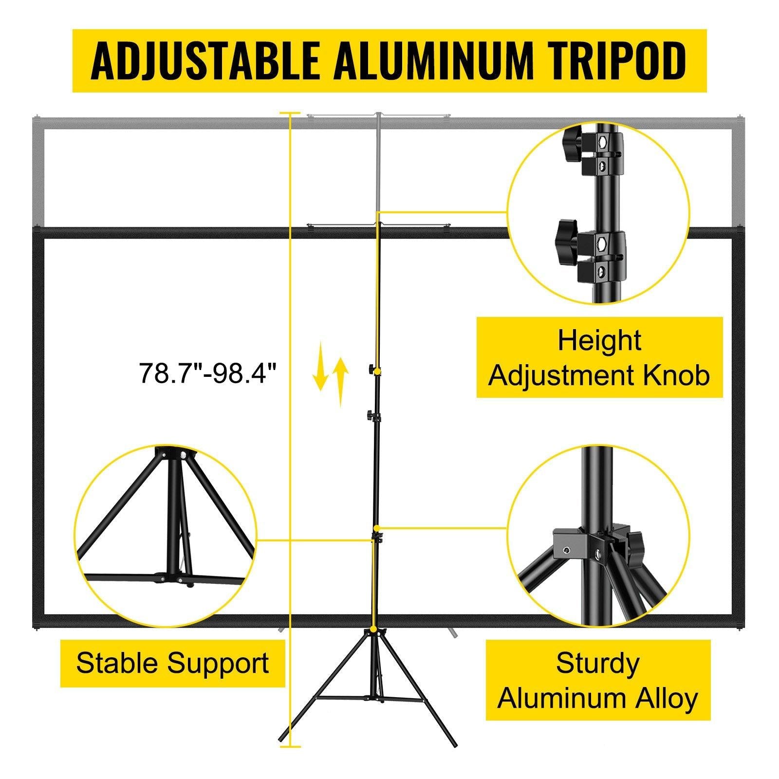 Tripod Projector Screen with Stand 70 inch 16:9 4K HD Projection Screen Stand Wrinkle-Free Height Adjustable Portable Screen for Projector Indoor & Outdoor for Movie, Home Cinema, Gaming, Office.