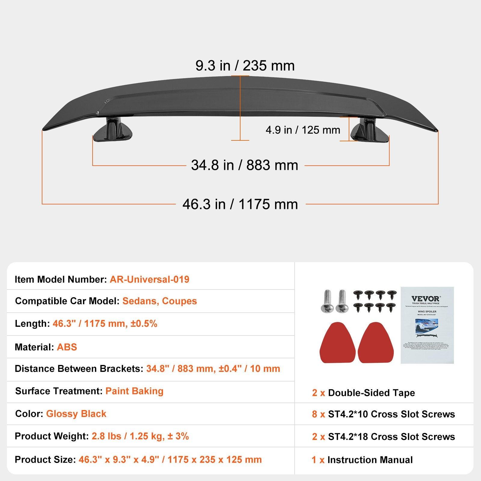 Universal Rear Spoiler 46.3'' GT Style Trunk Wing for Sedans and Coupes.