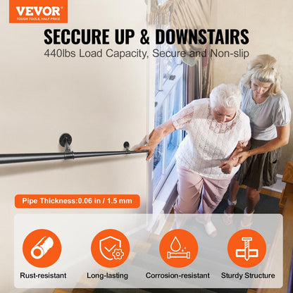 Pipe Stair Handrail, 11FT Staircase Handrail, 440LBS Load Capacity Carbon Steel Pipe Handrail, Industrial Pipe Handrail with Wall Mount Support, Round Corner Wall Handrailing for Indoor, Outdoor