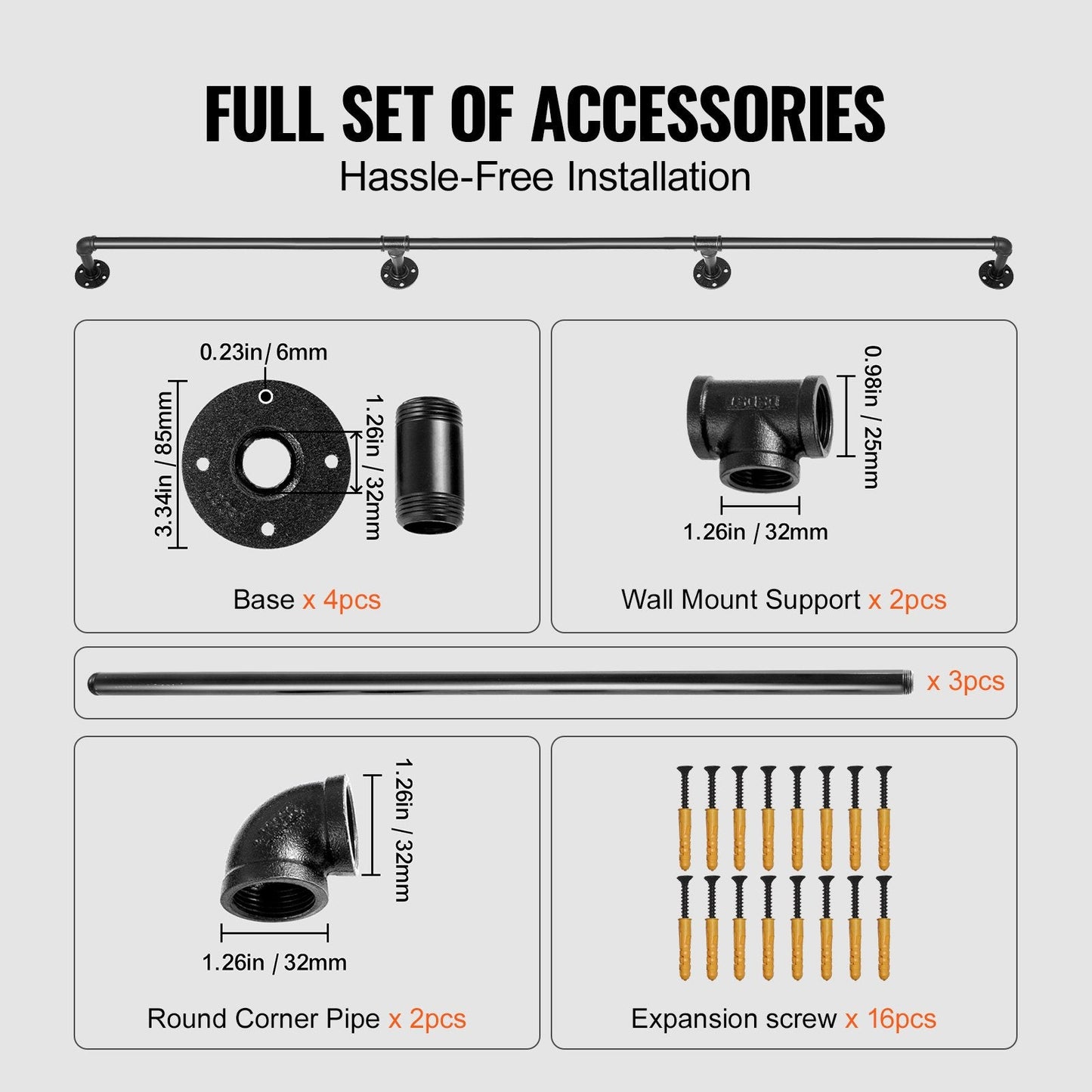 Pipe Stair Handrail, 11FT Staircase Handrail, 440LBS Load Capacity Carbon Steel Pipe Handrail, Industrial Pipe Handrail with Wall Mount Support, Round Corner Wall Handrailing for Indoor, Outdoor