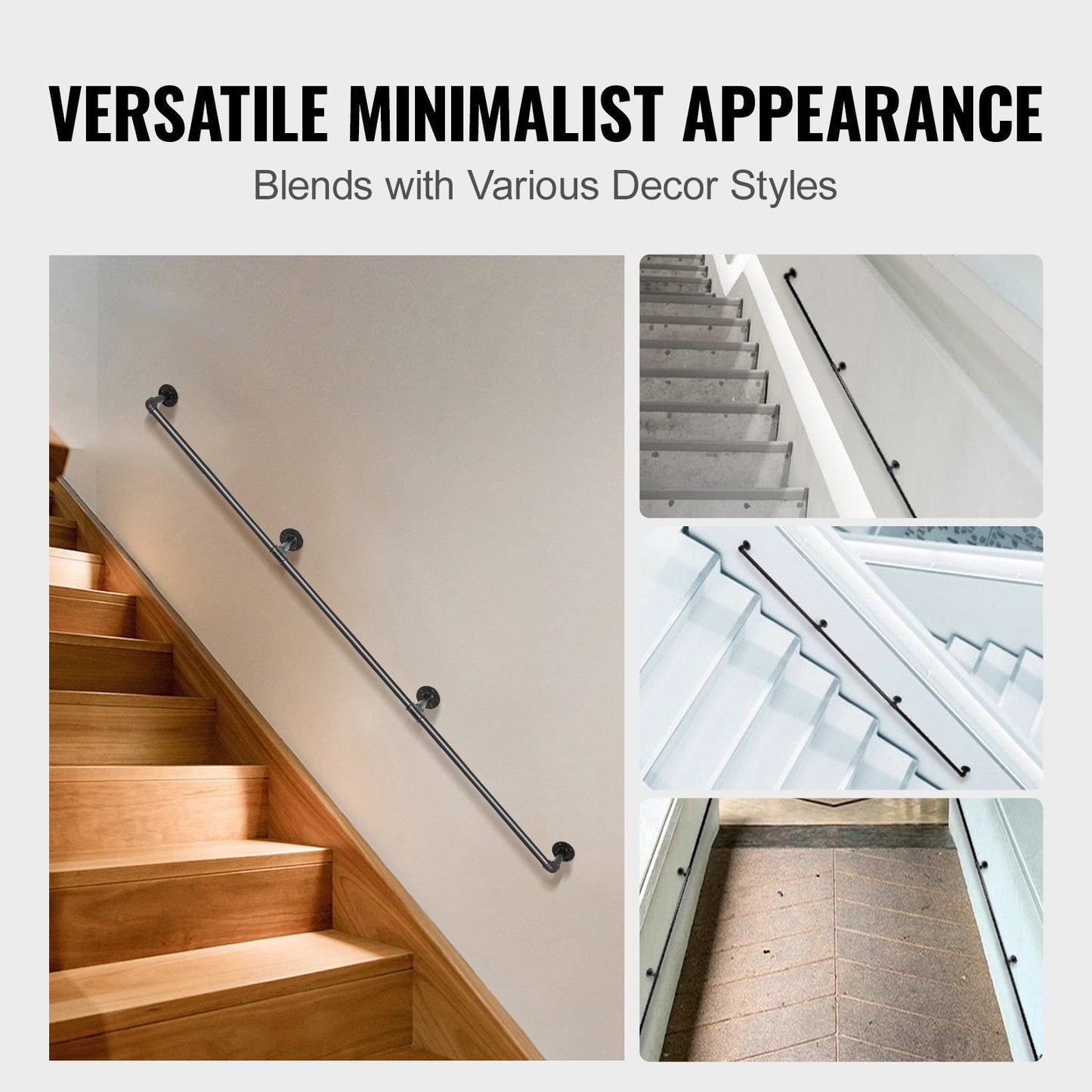 Pipe Stair Handrail, 11FT Staircase Handrail, 440LBS Load Capacity Carbon Steel Pipe Handrail, Industrial Pipe Handrail with Wall Mount Support, Round Corner Wall Handrailing for Indoor, Outdoor
