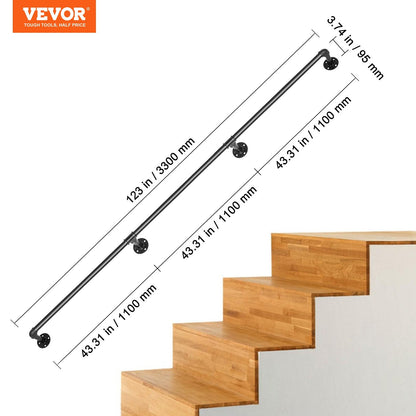 Pipe Stair Handrail, 11FT Staircase Handrail, 440LBS Load Capacity Carbon Steel Pipe Handrail, Industrial Pipe Handrail with Wall Mount Support, Round Corner Wall Handrailing for Indoor, Outdoor