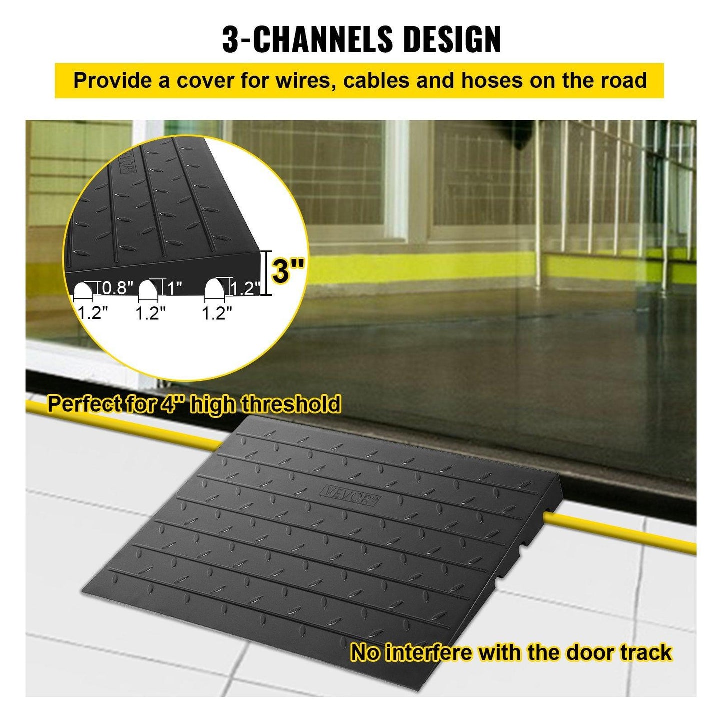 Rubber Threshold Ramp, 7.62 cm Rise Threshold Ramp Doorway, 3 Channels Cord Cover Rubber Solid Threshold Ramp, Rubber Angled Entry Rated 997.9 kg Load Capacity for Wheelchair and Scooter.
