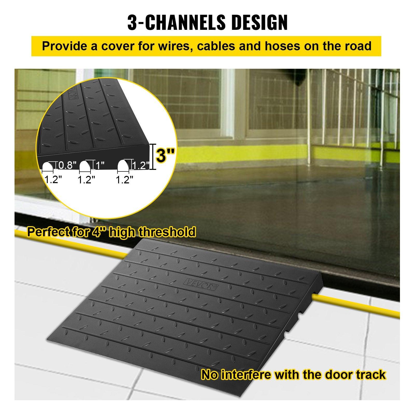 Rubber Threshold Ramp, 7.62 cm Rise Threshold Ramp Doorway, 3 Channels Cord Cover Rubber Solid Threshold Ramp, Rubber Angled Entry Rated 997.9 kg Load Capacity for Wheelchair and Scooter.