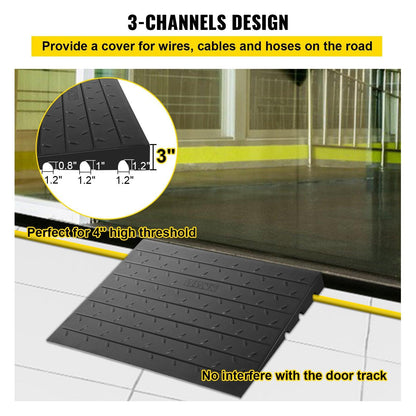Rubber Threshold Ramp, 7.62 cm Rise Threshold Ramp Doorway, 3 Channels Cord Cover Rubber Solid Threshold Ramp, Rubber Angled Entry Rated 997.9 kg Load Capacity for Wheelchair and Scooter.