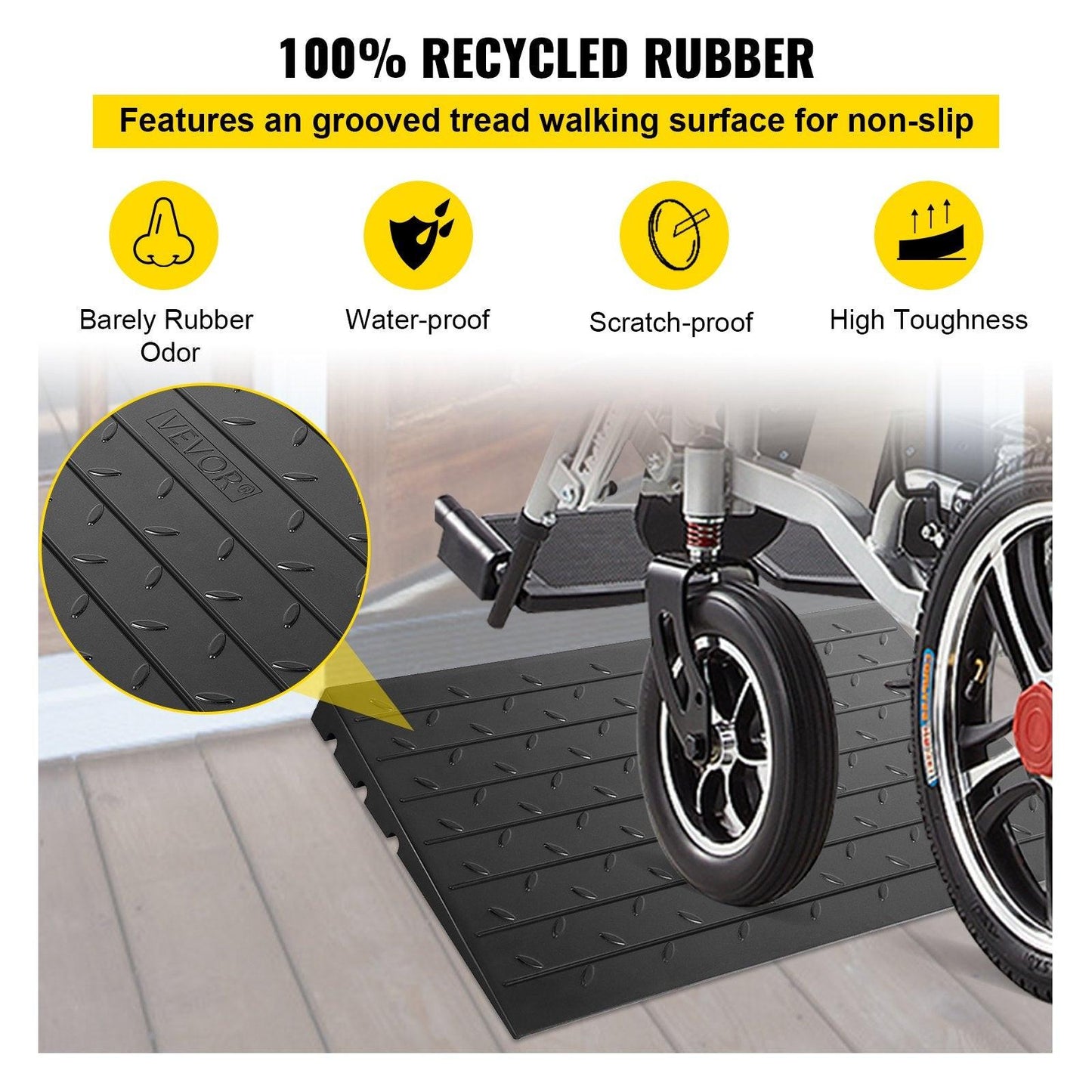 Rubber Threshold Ramp, 7.62 cm Rise Threshold Ramp Doorway, 3 Channels Cord Cover Rubber Solid Threshold Ramp, Rubber Angled Entry Rated 997.9 kg Load Capacity for Wheelchair and Scooter.