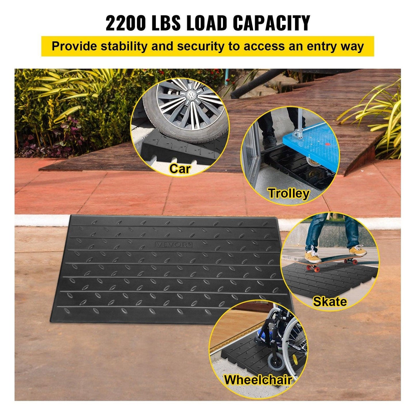 Rubber Threshold Ramp, 7.62 cm Rise Threshold Ramp Doorway, 3 Channels Cord Cover Rubber Solid Threshold Ramp, Rubber Angled Entry Rated 997.9 kg Load Capacity for Wheelchair and Scooter.