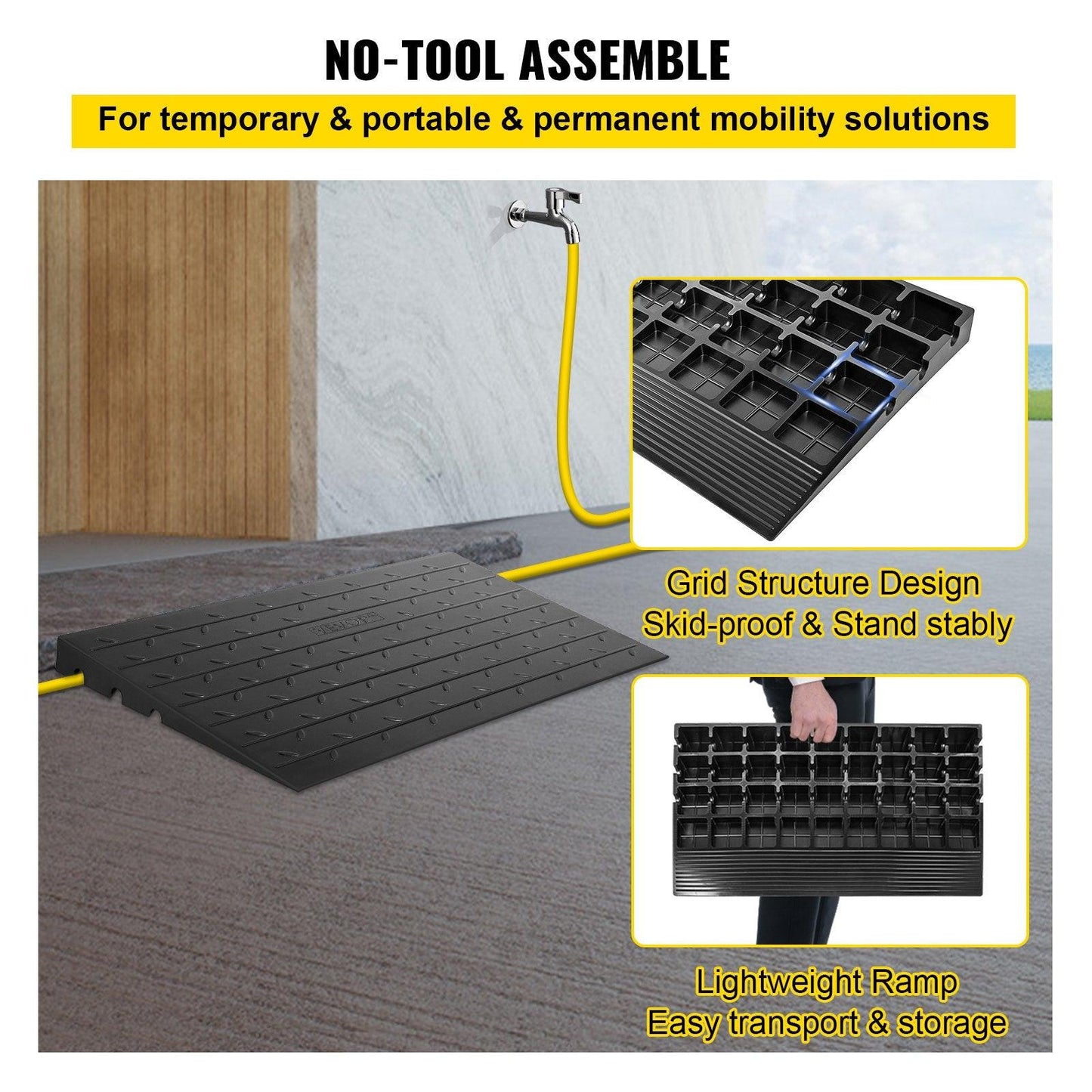 Rubber Threshold Ramp, 7.62 cm Rise Threshold Ramp Doorway, 3 Channels Cord Cover Rubber Solid Threshold Ramp, Rubber Angled Entry Rated 997.9 kg Load Capacity for Wheelchair and Scooter.