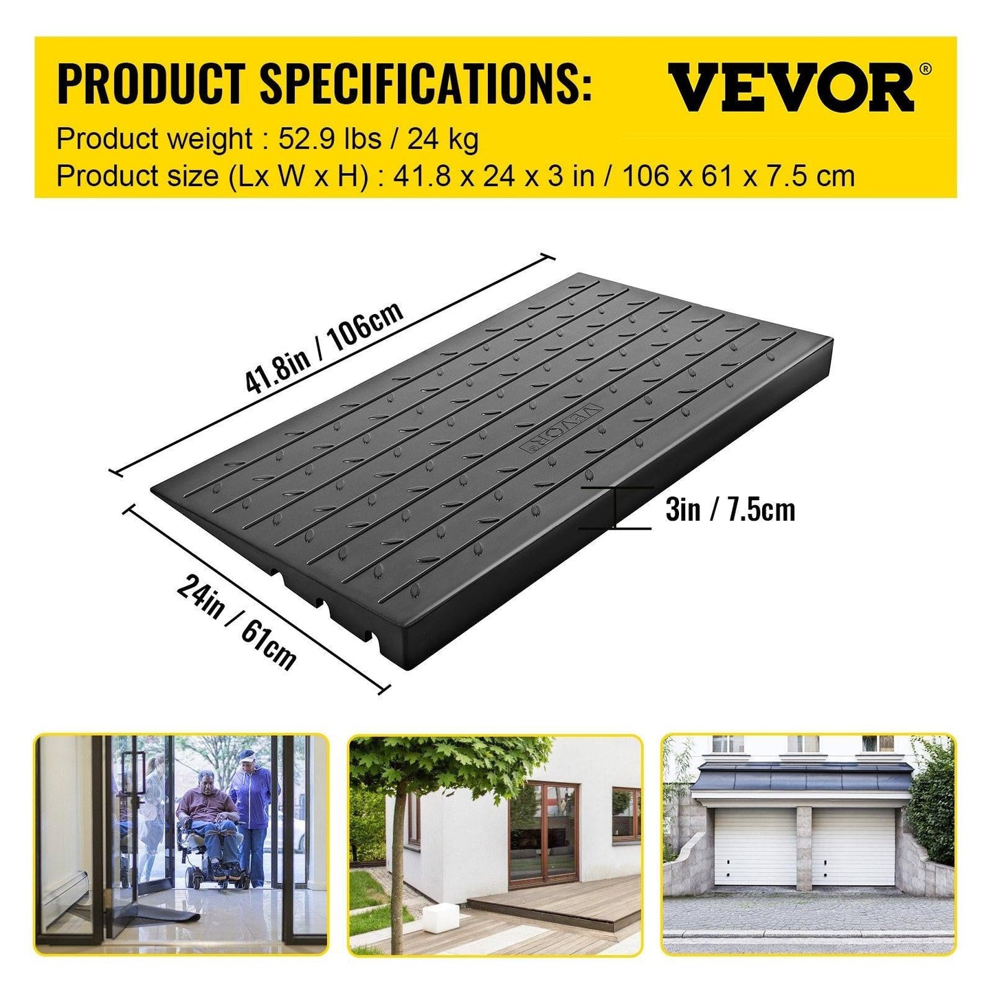 Rubber Threshold Ramp, 7.62 cm Rise Threshold Ramp Doorway, 3 Channels Cord Cover Rubber Solid Threshold Ramp, Rubber Angled Entry Rated 997.9 kg Load Capacity for Wheelchair and Scooter.