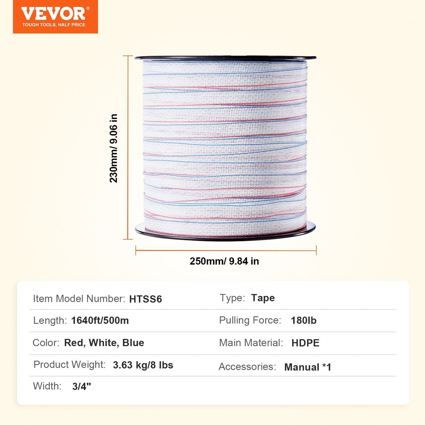 Electric Fence Tape, 1640Ft 500M Polytape Fencing Hot Wire, 3/4" Width 6 Stainless Steel Strands for Reliable Conductivity, UV & Rust Resistance, Portable Polywire for Horse Cattle Livestock