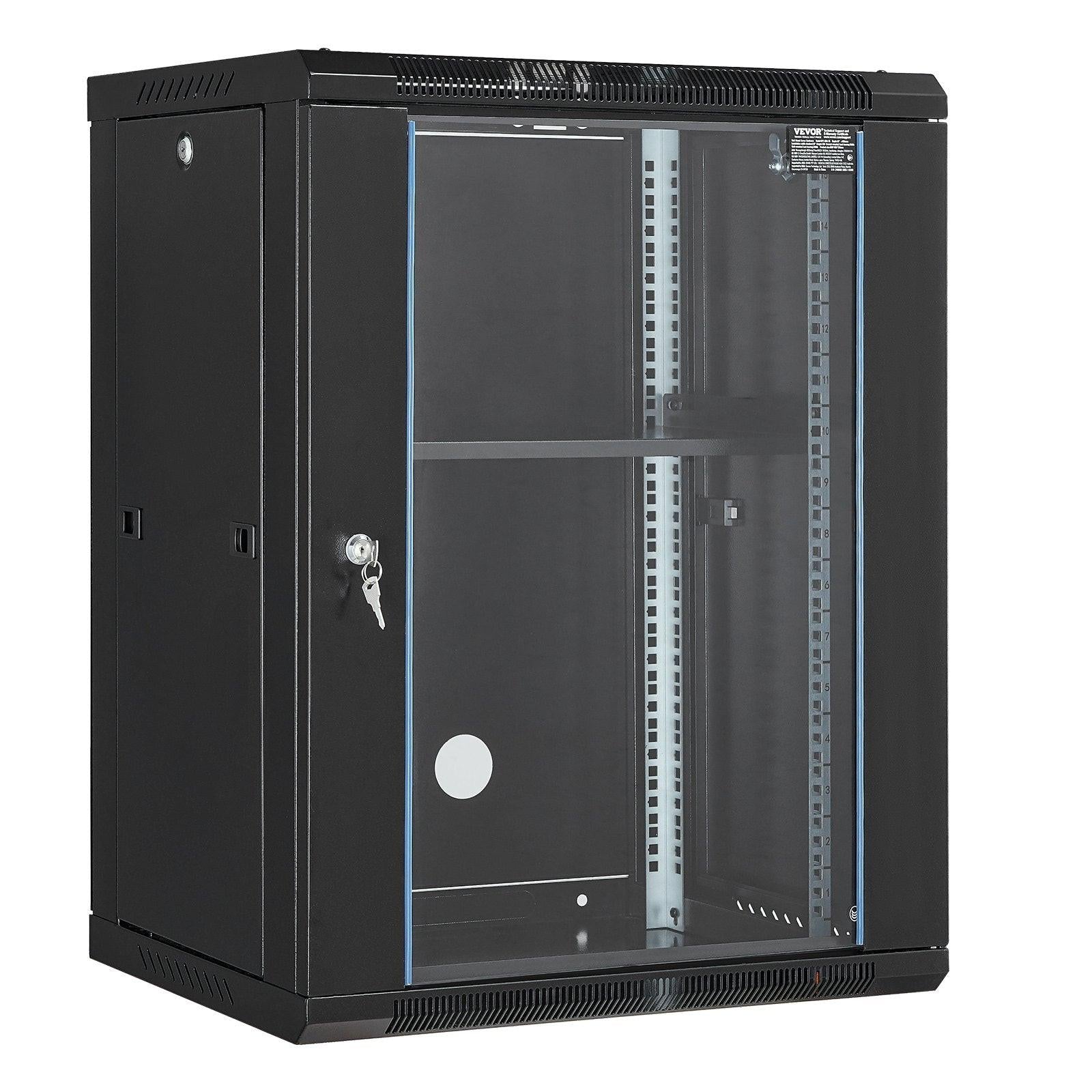 15U Wall Mount Network Cabinet, 226.8 kg Max. Ground Load Capacity, Server Rack Cabinet Enclosure with Locking Tempered Glass Door, Side Panels, Q235 Carbon Steel, for IT Equipment, A/V Devices.