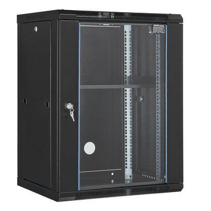 15U Wall Mount Network Cabinet, 226.8 kg Max. Ground Load Capacity, Server Rack Cabinet Enclosure with Locking Tempered Glass Door, Side Panels, Q235 Carbon Steel, for IT Equipment, A/V Devices.
