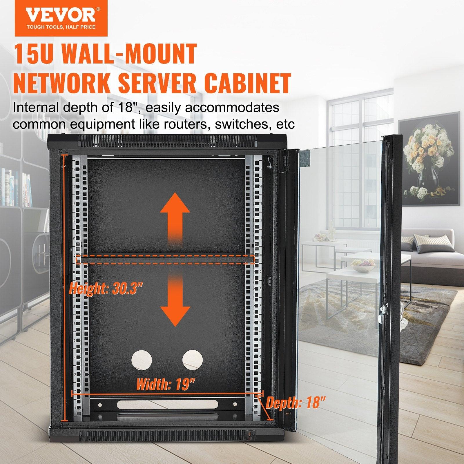 15U Wall Mount Network Cabinet, 226.8 kg Max. Ground Load Capacity, Server Rack Cabinet Enclosure with Locking Tempered Glass Door, Side Panels, Q235 Carbon Steel, for IT Equipment, A/V Devices.