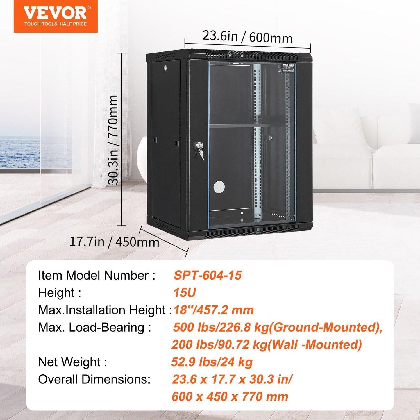 15U Wall Mount Network Cabinet, 226.8 kg Max. Ground Load Capacity, Server Rack Cabinet Enclosure with Locking Tempered Glass Door, Side Panels, Q235 Carbon Steel, for IT Equipment, A/V Devices.