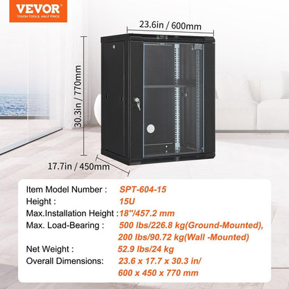 15U Wall Mount Network Cabinet, 226.8 kg Max. Ground Load Capacity, Server Rack Cabinet Enclosure with Locking Tempered Glass Door, Side Panels, Q235 Carbon Steel, for IT Equipment, A/V Devices.