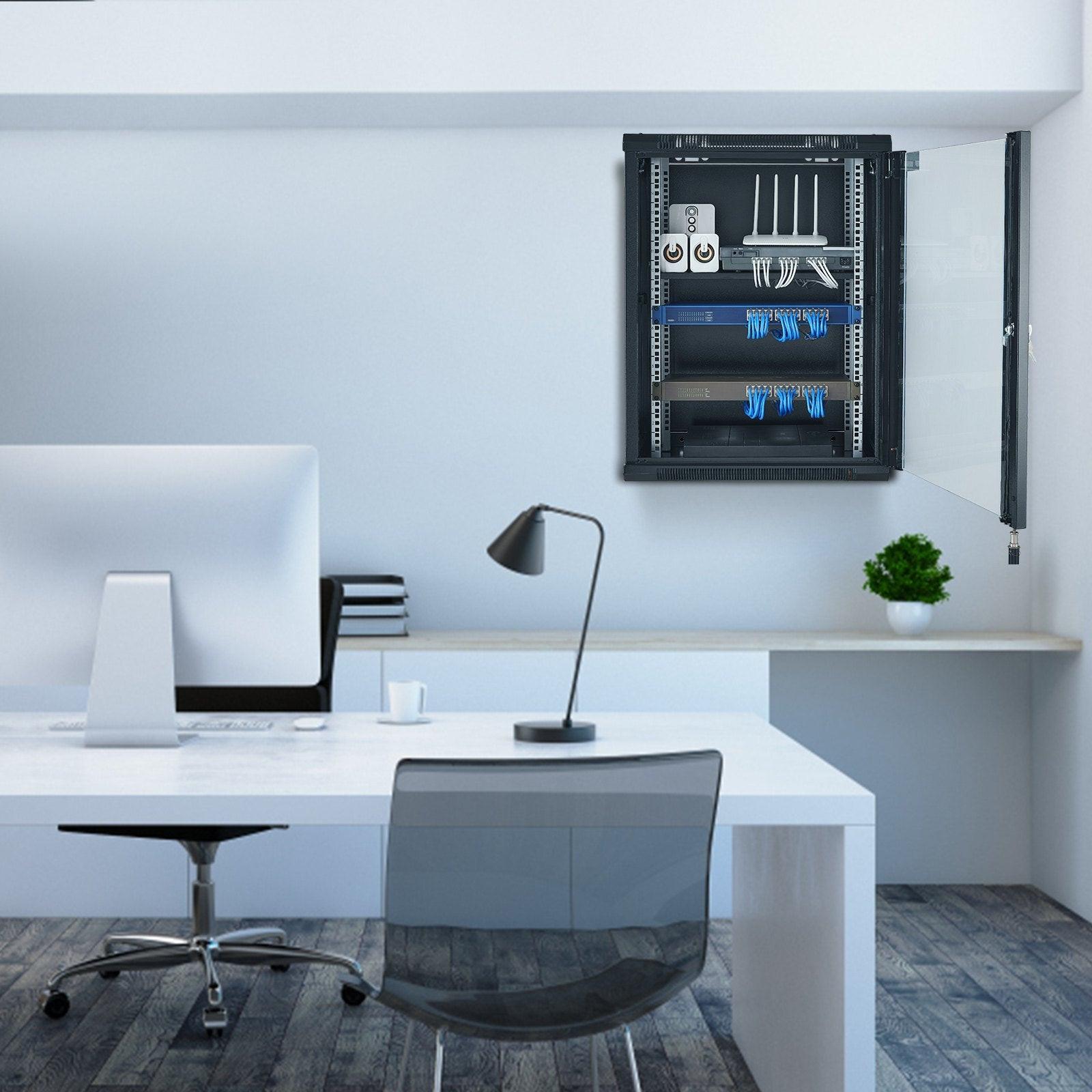 15U Wall Mount Network Cabinet, 226.8 kg Max. Ground Load Capacity, Server Rack Cabinet Enclosure with Locking Tempered Glass Door, Side Panels, Q235 Carbon Steel, for IT Equipment, A/V Devices.