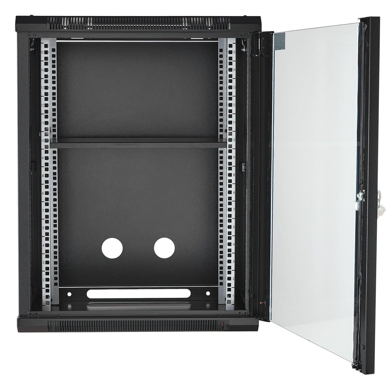 15U Wall Mount Network Cabinet, 226.8 kg Max. Ground Load Capacity, Server Rack Cabinet Enclosure with Locking Tempered Glass Door, Side Panels, Q235 Carbon Steel, for IT Equipment, A/V Devices.