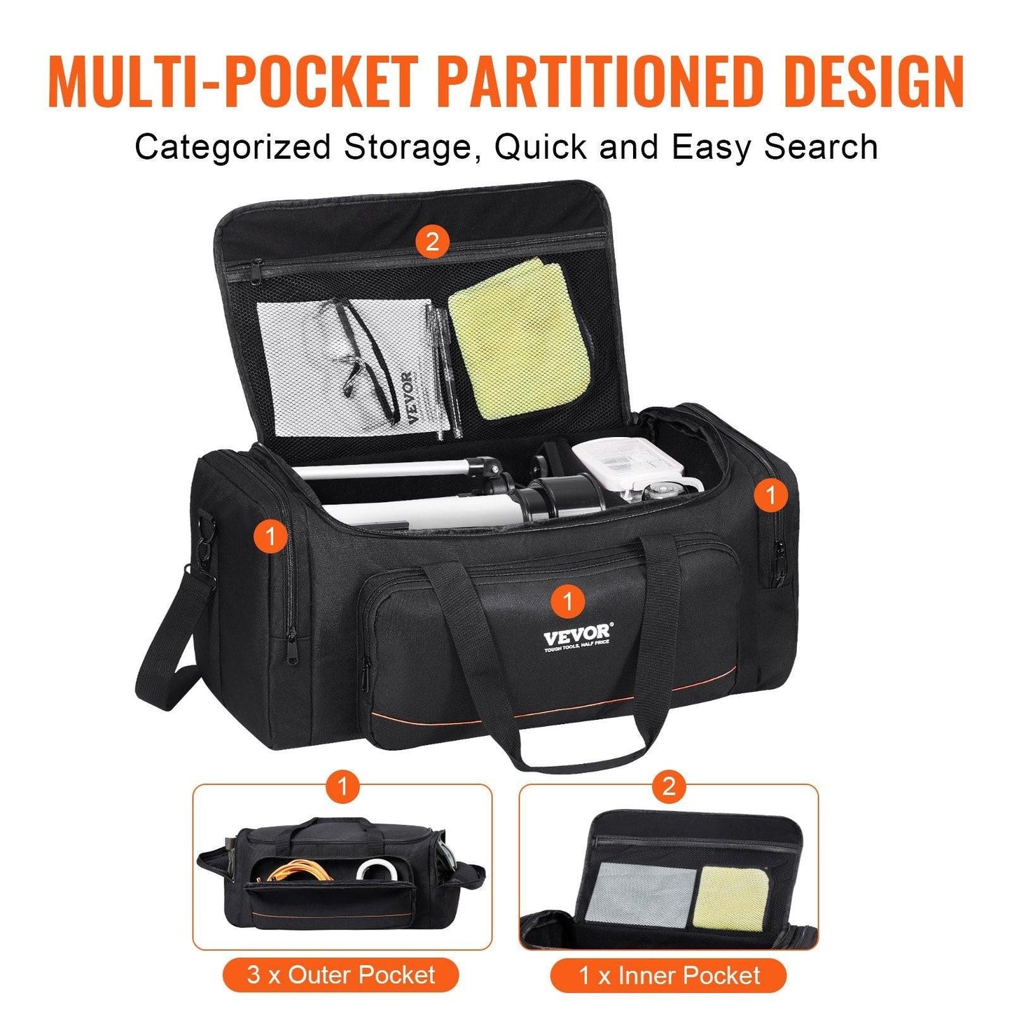 Telescope Case, 560 mm, Telescope Storage Bag with Fixed Buckles, Multi-Pocket & Detachable Divider for Telescope, Shock-Absorbent Telescope Carrying Case to Easily Secure Optical Tube & Tripod.