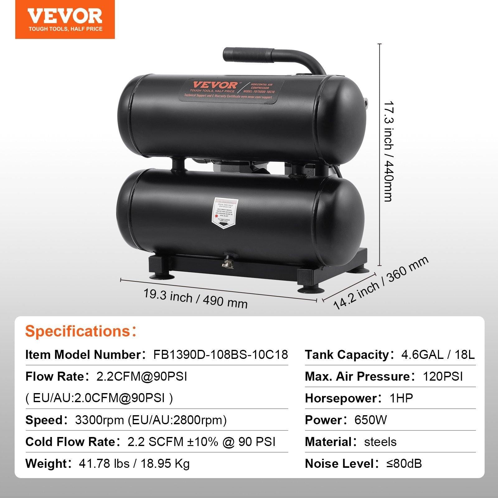 Air Compressor Compact Portable Oil Free Compressor 18L 90 PSI.