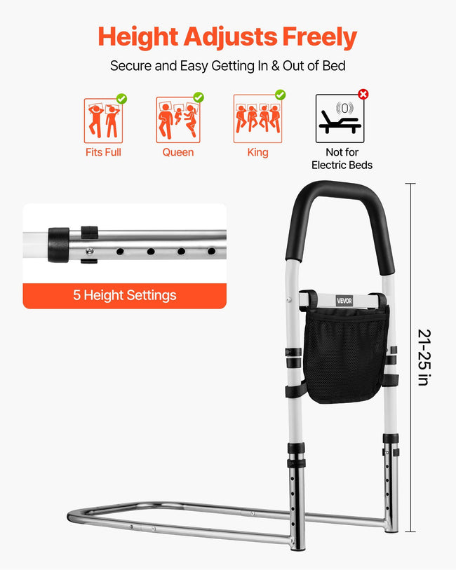 Bed Rail for Elderly, Bedside Assist Rails with PU Handrail, Adjustable Height Pipe Bedside Cane, High-Strength Carbon Steel Bed Bars for Seniors & Patients, Fits King, Queen, Full, Twin Main Image