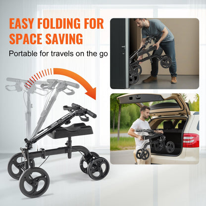 Folding Knee Scooter, Carbon Steel Steerable Knee Walker with Height-Adjustable Handlebar & Knee Pad, All-Terrain Solid Wheels, Dual Brakes, Leg Recovery Scooter for Broken Ankle Foot Injuries