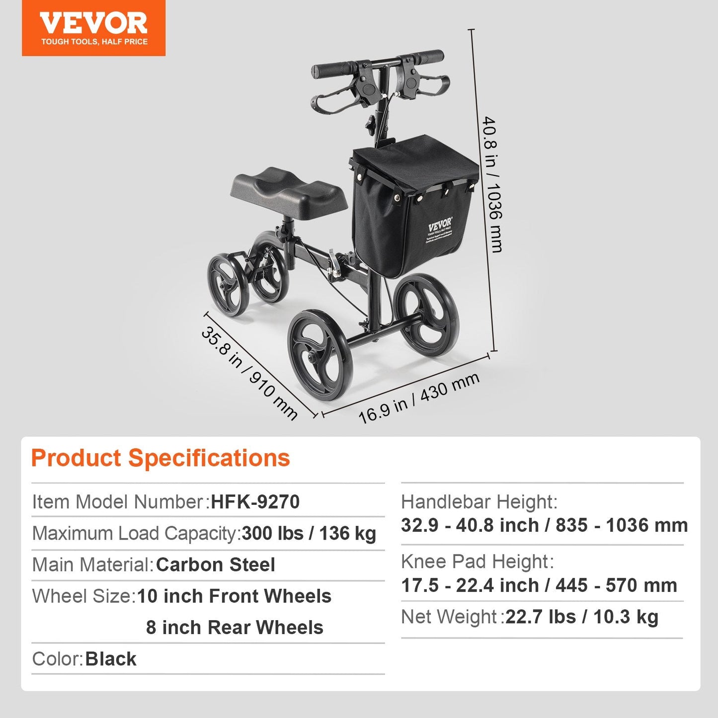 Folding Knee Scooter, Carbon Steel Steerable Knee Walker with Height-Adjustable Handlebar & Knee Pad, All-Terrain Solid Wheels, Dual Brakes, Leg Recovery Scooter for Broken Ankle Foot Injuries