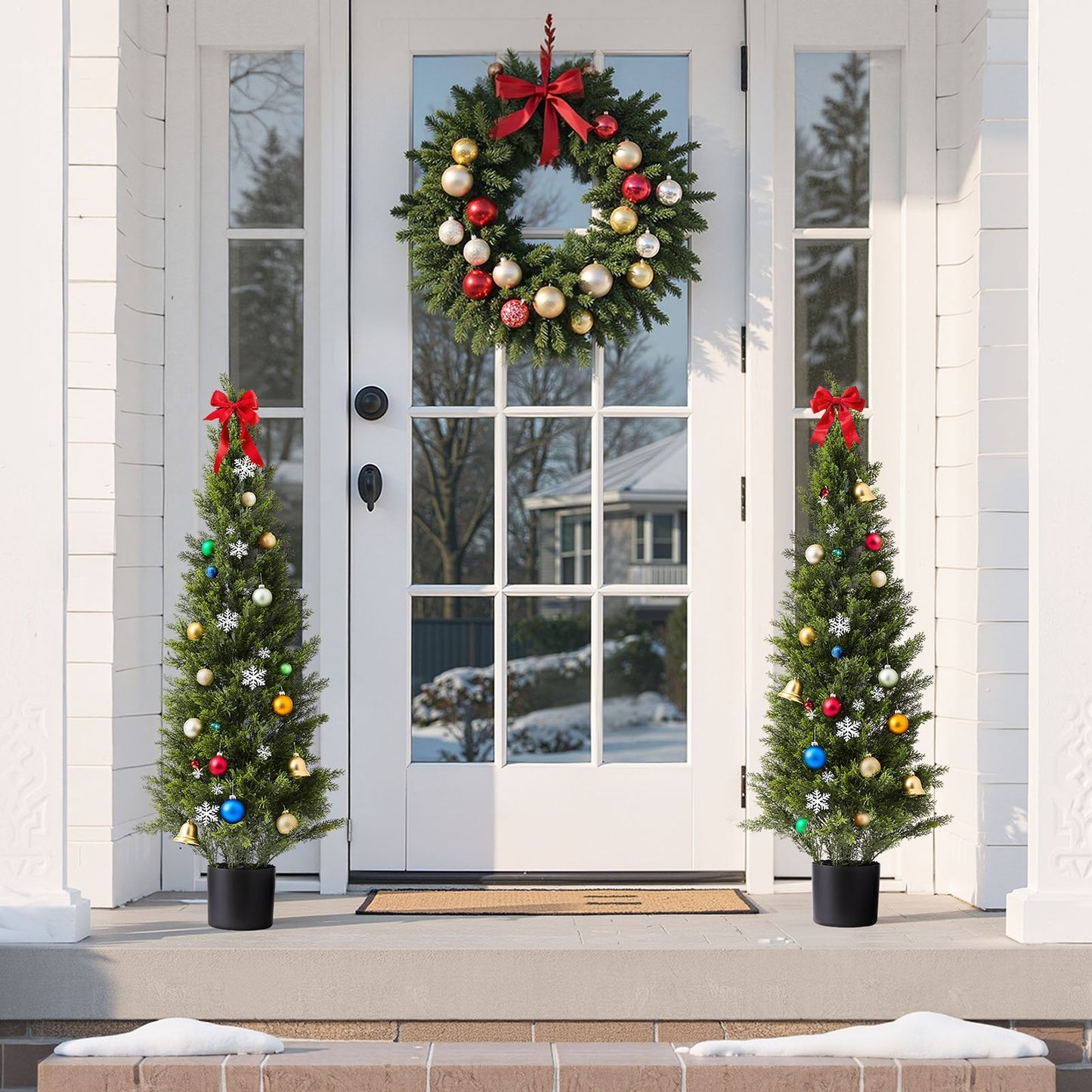 Artificial Topiary Cedar Trees, 2 Set 1219mm Faux Pine Shrubs Plants, Fake Silk Tree Look Real, Easy Assembly for Decor Front Porch Outdoor Patio Garden Balcony Backyard Indoor Office