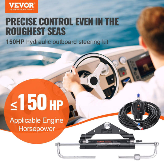 150HP Hydraulic Outboard Steering Kit Boat Marine System, Built-in Two-Way Lock Cylinder, 150HP Pump and High-Strength Nylon Hose for Single Station, Single-Engine use.