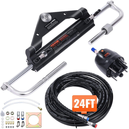 Hydraulic Outboard Steering Kit, 150HP, Marine Boat Hydraulic Steering System, with Helm Pump Two-Way Lock Cylinder and 24 Feet Hydraulic Steering Hose, for Single Station Single-Engine Boats.