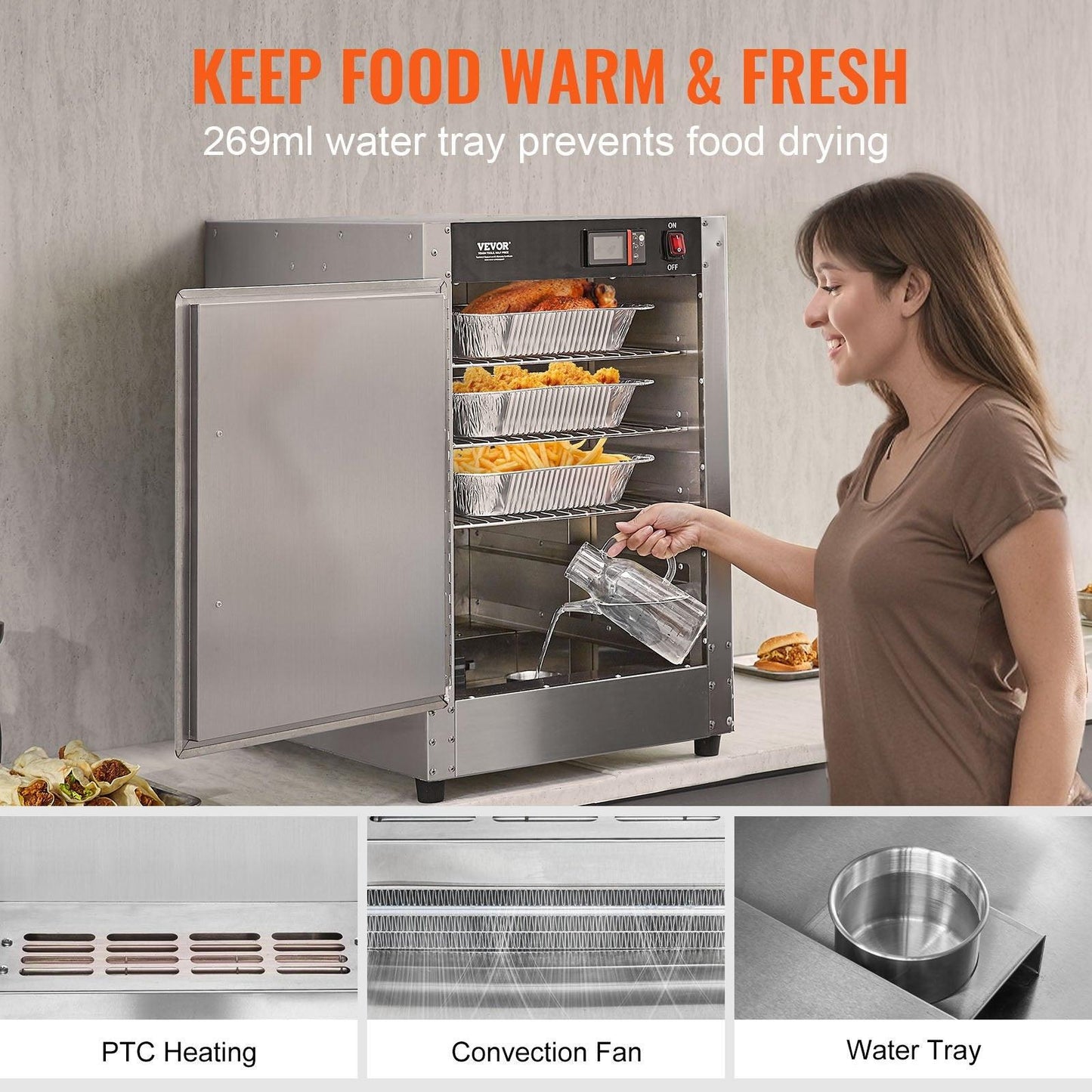 Hot Box Food Warmer, 5-Tier Concession Warmer with Water Tray, 5 Pans, Single-door and Adjustable Shelves, Stainless Steel Food Warmer Cabinet, Ideal for Storing Pizza, Chicken, Restaurant.