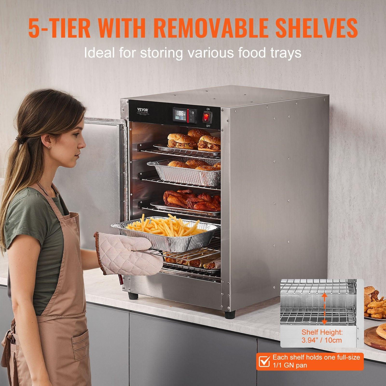 Hot Box Food Warmer, 5-Tier Concession Warmer with Water Tray, 5 Pans, Single-door and Adjustable Shelves, Stainless Steel Food Warmer Cabinet, Ideal for Storing Pizza, Chicken, Restaurant.