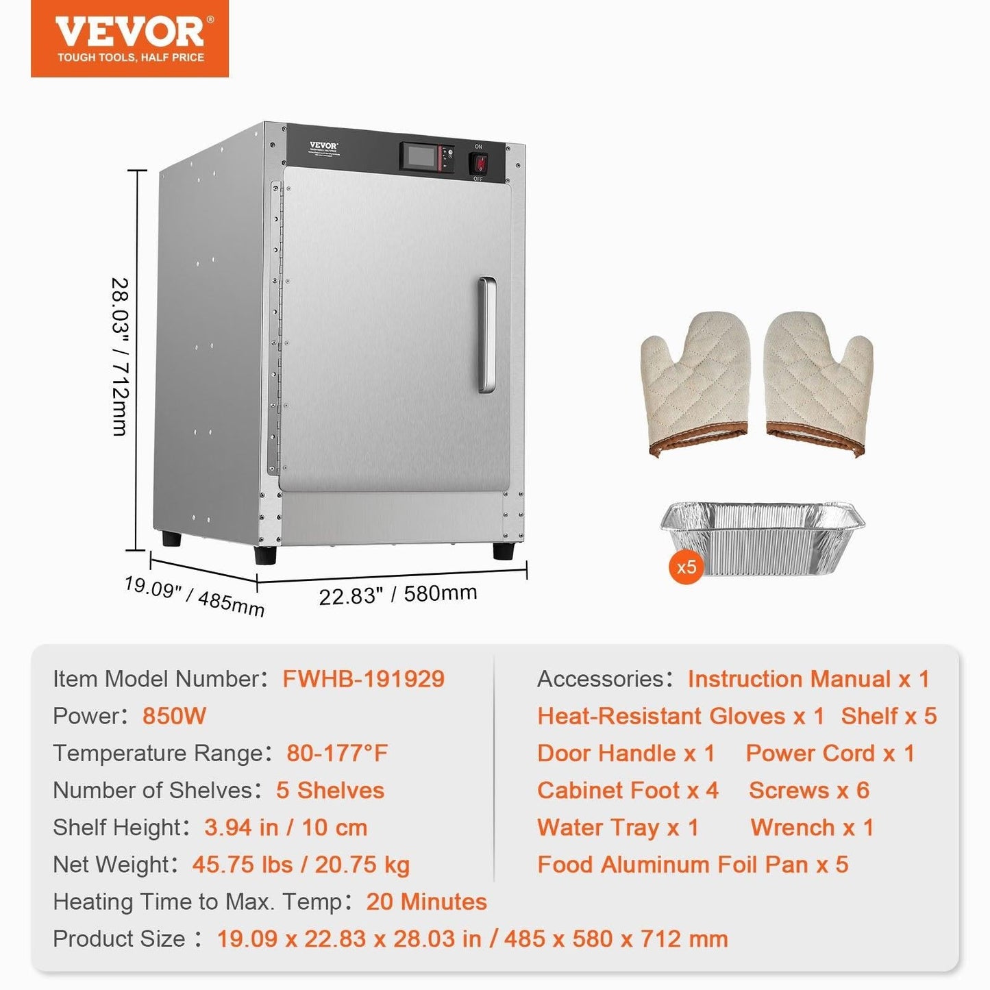 Hot Box Food Warmer, 5-Tier Concession Warmer with Water Tray, 5 Pans, Single-door and Adjustable Shelves, Stainless Steel Food Warmer Cabinet, Ideal for Storing Pizza, Chicken, Restaurant.