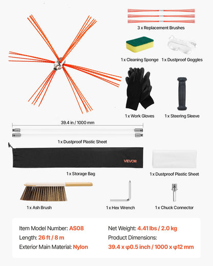 Chimney Sweep Kit, 8m Maximum Extendable Length Chimney Brush, Chimneys Cleaning Kit with Bristle Replacements & Goggles, 90° Bendable Fireplace Cleaning Tool, for Square, Rectangle Chimneys