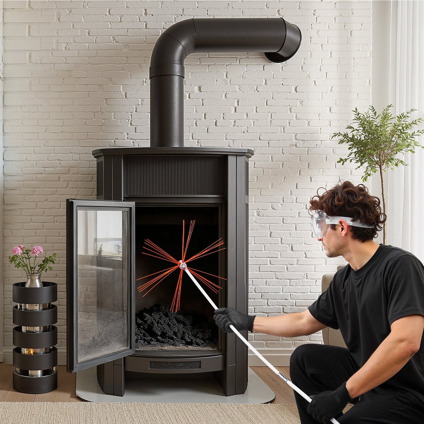 Chimney Sweep Kit, 8m Maximum Extendable Length Chimney Brush, Chimneys Cleaning Kit with Bristle Replacements & Goggles, 90° Bendable Fireplace Cleaning Tool, for Square, Rectangle Chimneys