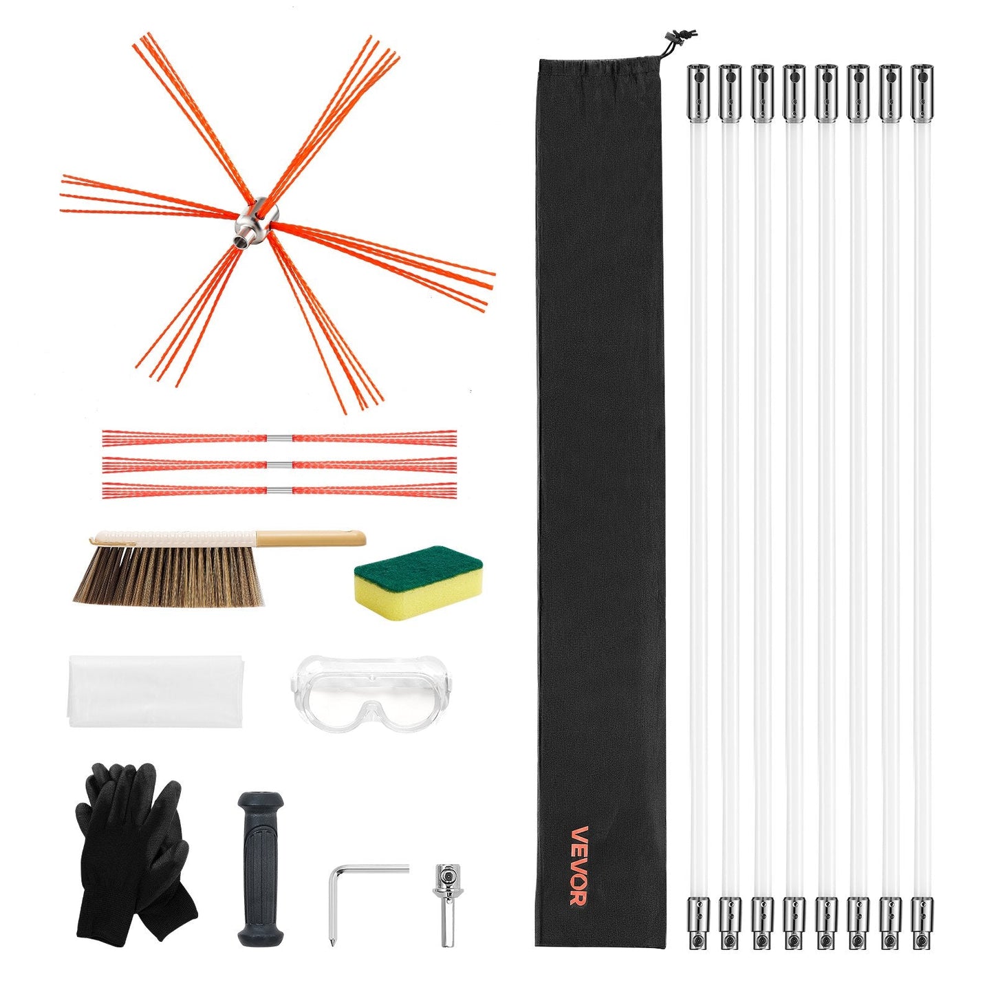 Chimney Sweep Kit, 8m Maximum Extendable Length Chimney Brush, Chimneys Cleaning Kit with Bristle Replacements & Goggles, 90° Bendable Fireplace Cleaning Tool, for Square, Rectangle Chimneys