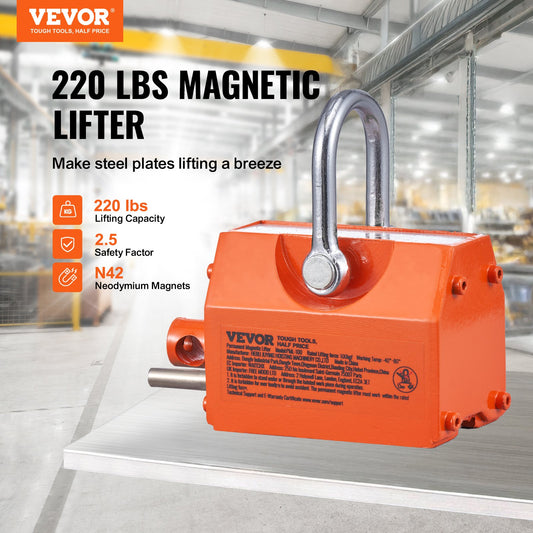 Magnetic Lifter, 100 kg/220 lbs Pulling Capacity, 2.5 Safety Factor, Neodymium & Steel, Lifting Magnet with Release, Permanent Lift Magnets, Heavy Duty Magnet for Hoist, Shop Crane, Block, Board